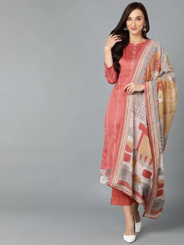 Women's Silk Blend Blush Pink Straight Kurta Pant With Dupatta  - Ahika Cozy Fitted Pants