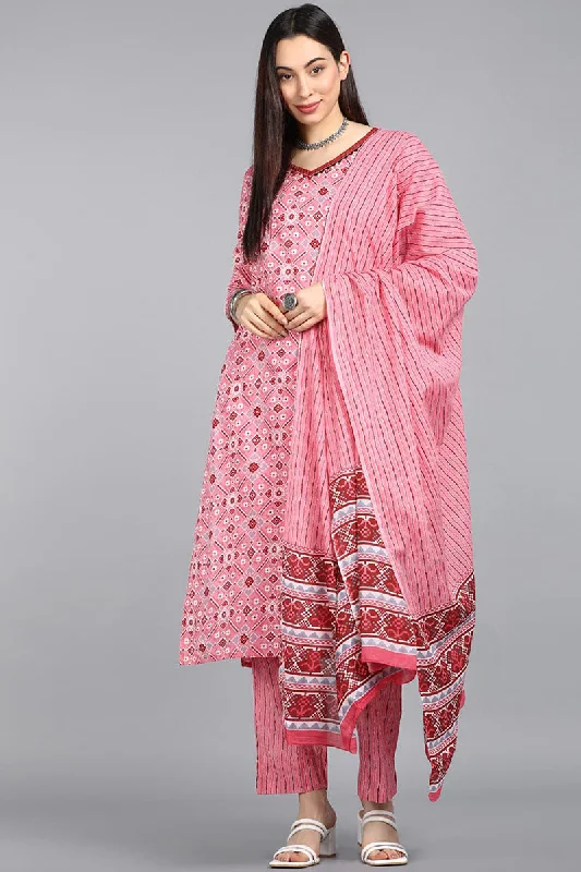 Women's Pink Ethnic Motifs Printed Pure Cotton Kurta With Pants Dupatta - Ahika Fashionable Work Pants
