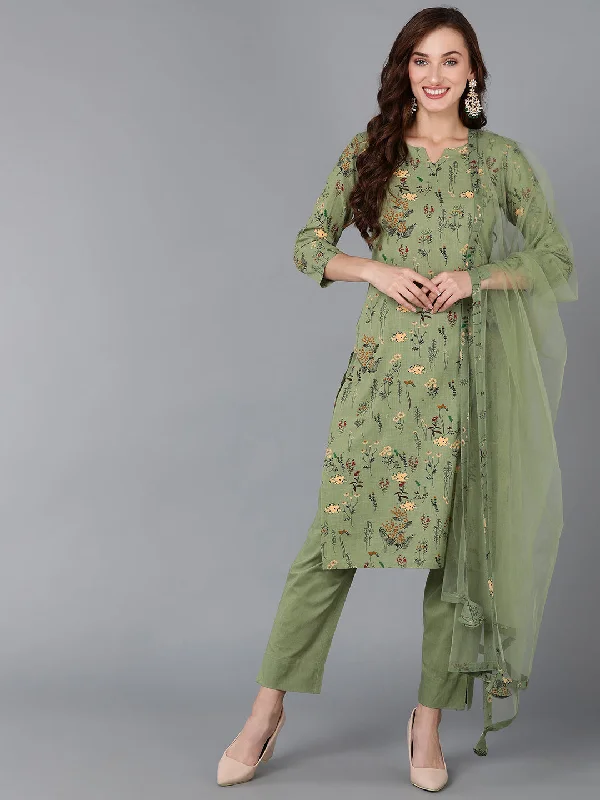 Women's Cotton Blend Floral Printed Kurta Pants With Dupatta - Ahika Sleek Black Pants