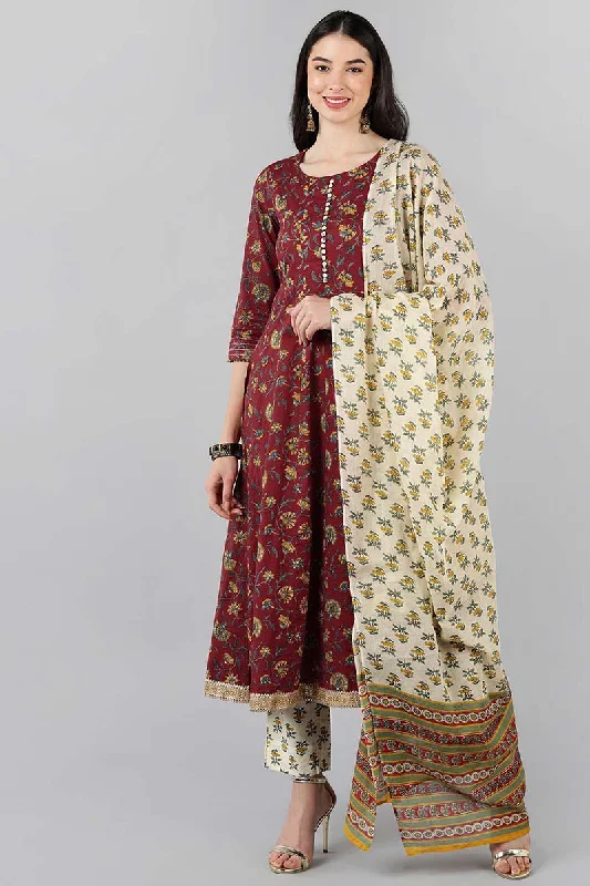Women's Cotton Printed Kurta Pant Dupatta Set - Ahika Fashionable Button-Up Pants