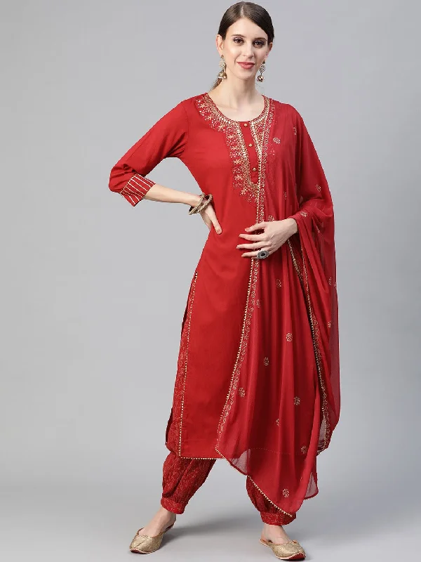 Women's Cotton Solid Embroidered Kurta Pant Dupatta Set - Ahika Relaxed Linen Pants