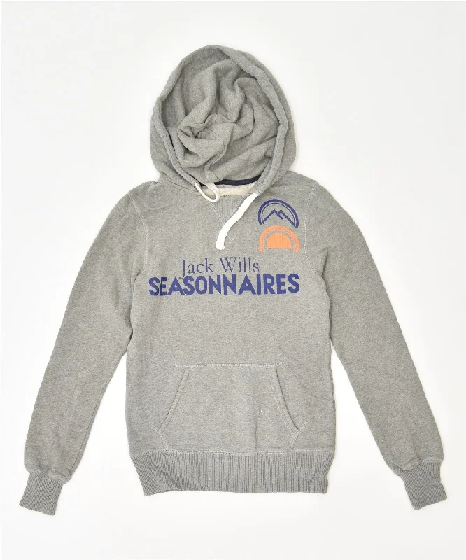 JACK WILLS Womens Graphic Hoodie Jumper UK 8 Small Grey Cotton Hoodie with Elastic Waist Stretchable Comfortable