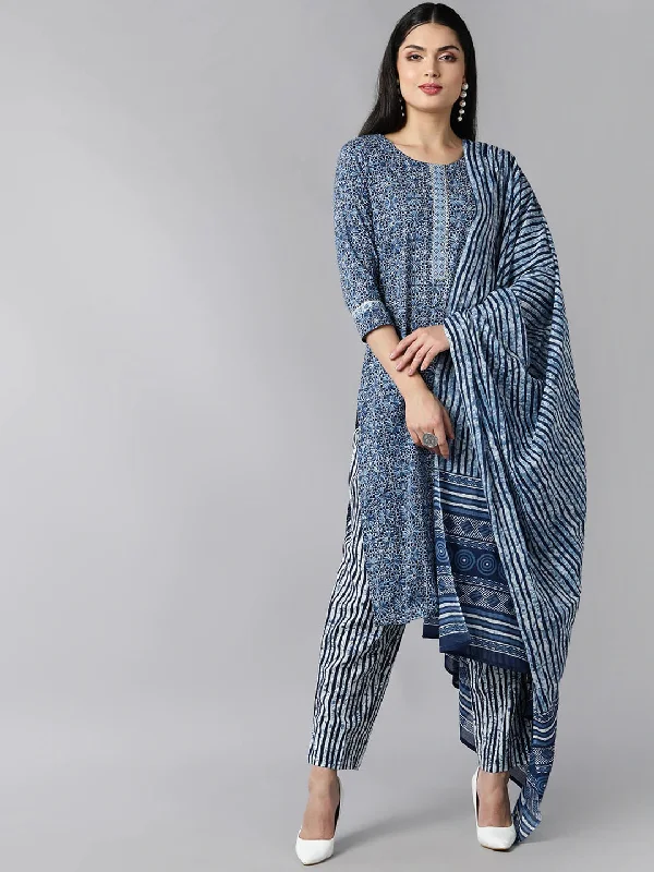 Women's Blue Ethnic Motifs Printed Regular Pure Cotton Kurta With Pants With Dupatta - Ahika Wide-Legged Palazzos