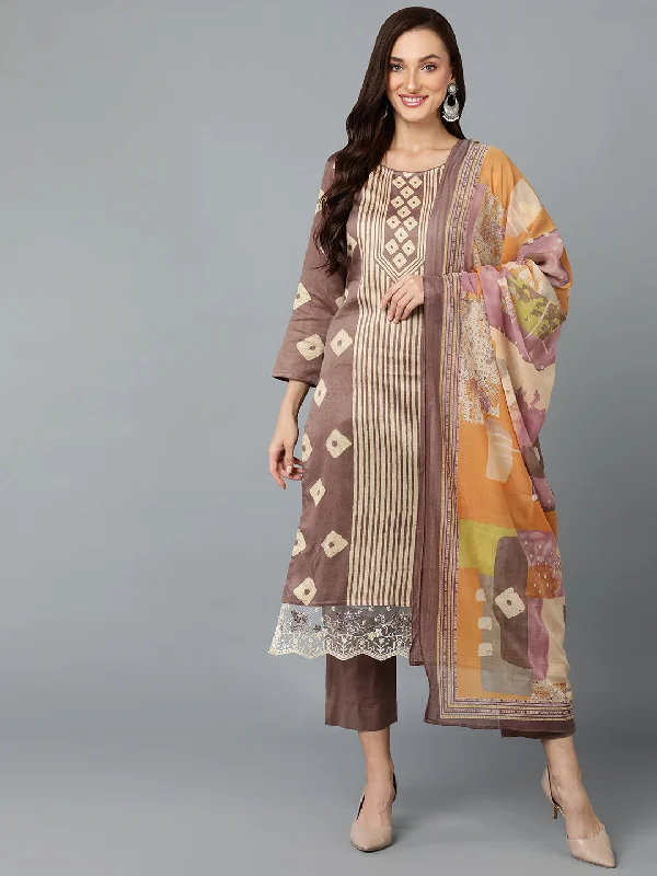 Women's Silk Blend Taupe Printed Straight Kurta Pant With Dupatta - Ahika Classic Straight Pants