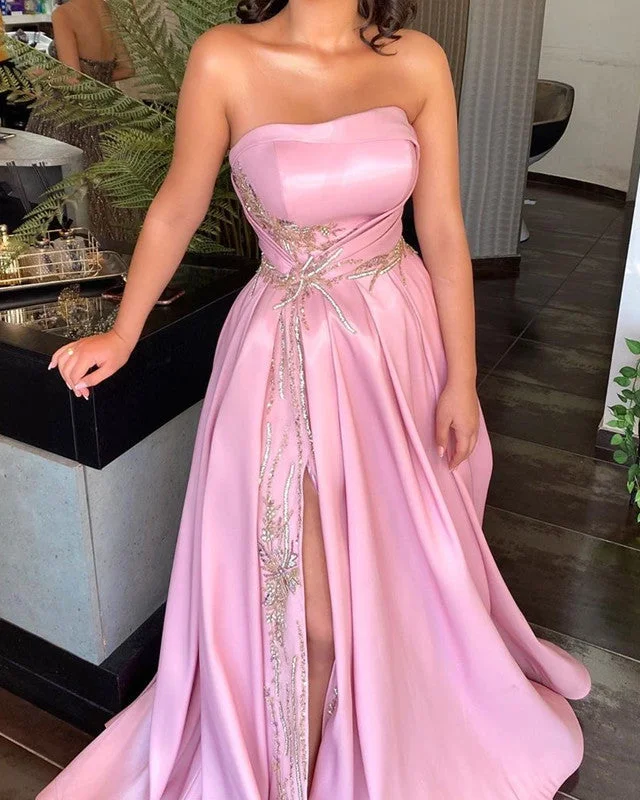 Sexy Side Split Prom Dresses Strapless Satin Embroidery Tunics Fashionable trendy