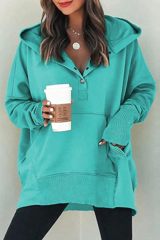 Henley Style Fall Hoodie - Green Hoodie with Zipper Placket Modern Functional