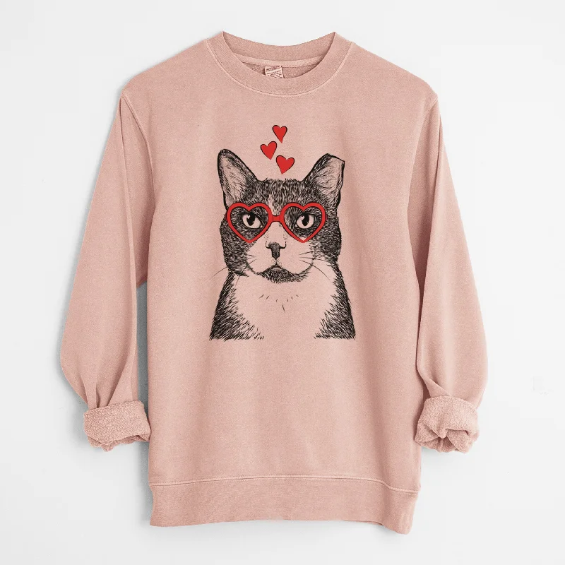 Valentine Pinky the Tuxedo Cat - Unisex Pigment Dyed Crew Sweatshirt Hoodie with Puffed Sleeves Voluminous Trendy