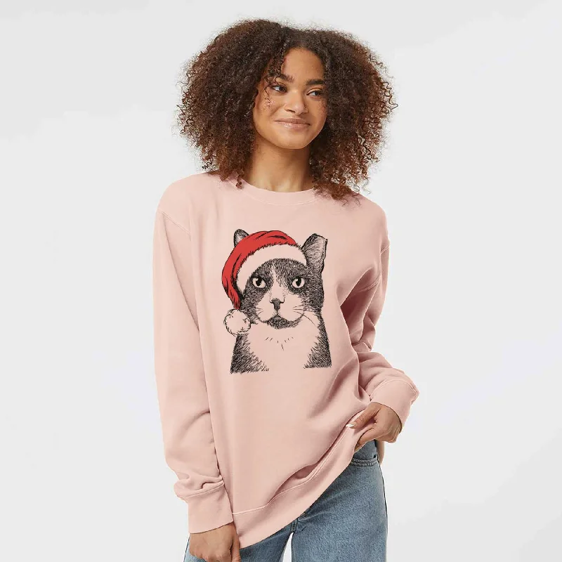Santa Pinky the Tuxedo Cat - Unisex Pigment Dyed Crew Sweatshirt Hoodie with Zipper Placket Modern Functional