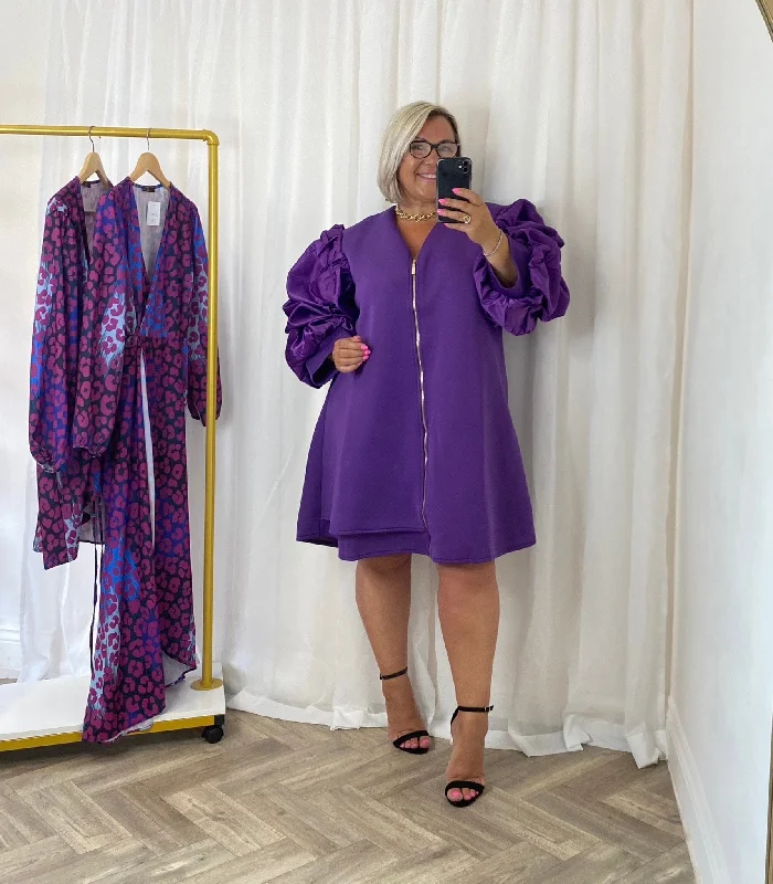 Satin Ruched- Puff Sleeve Dress In Purple Tunics Chic fashionable