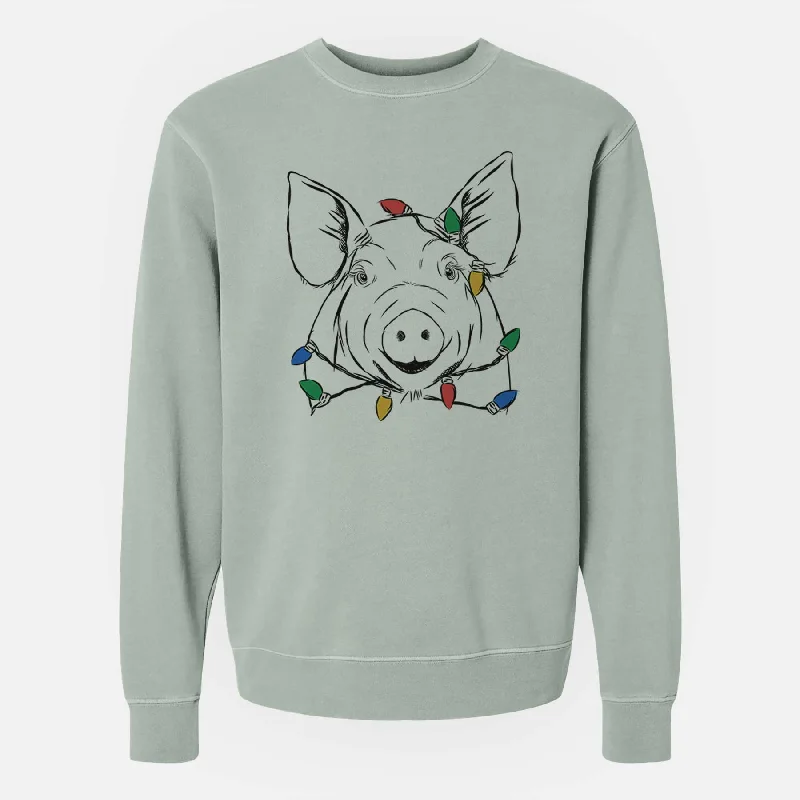 Christmas Lights Perry the Pig - Unisex Pigment Dyed Crew Sweatshirt Hoodie with Elastic Cuffs Stretchable Comfortable