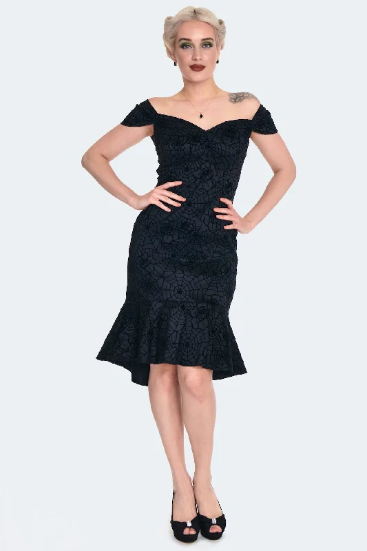 Flocked Floral Spiderweb Wiggle Dress by Voodoo Vixen Boatneck Modish Everyday