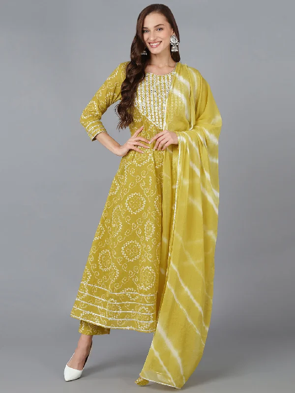 Women's Cotton Yoke Design Bandhani Printed Kurta Pant With Dupatta - Ahika Trendy High-Waist Trousers