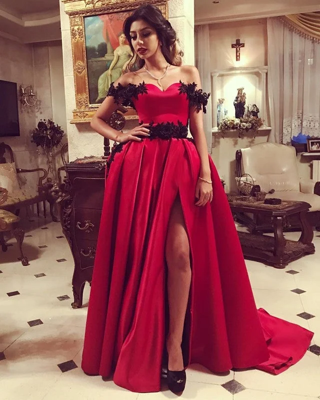 Long Satin Split Prom Dresses Black Lace Off The Shoulder Tunics Plaid country