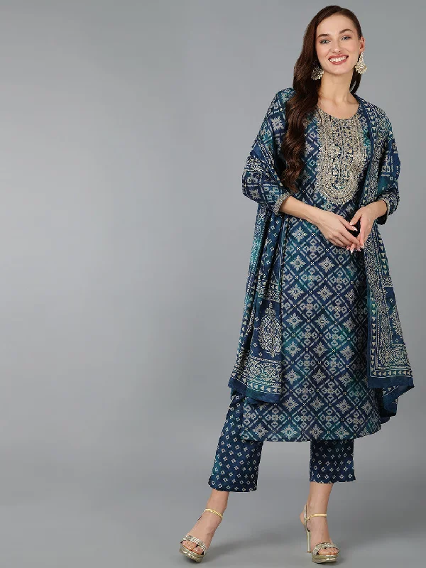 Women's Silk Blend Embroidered Abstract Printed Kurta Pant With Dupatta - Ahika Chic Faux Leather Pants
