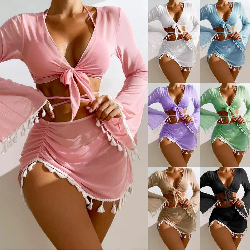 4pcs Solid Color Bikini With Short Skirt And Long Sleeve Cover-up Fashion Bow Tie Fringed Swimsuit Set Summer Beach Womens Clothing Ruched top bikini, Trendy, Comfortable, Sexy