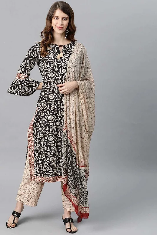 Women's Cotton Printed Kurta Pant Dupatta Set - Ahika Casual Sweatpants Style