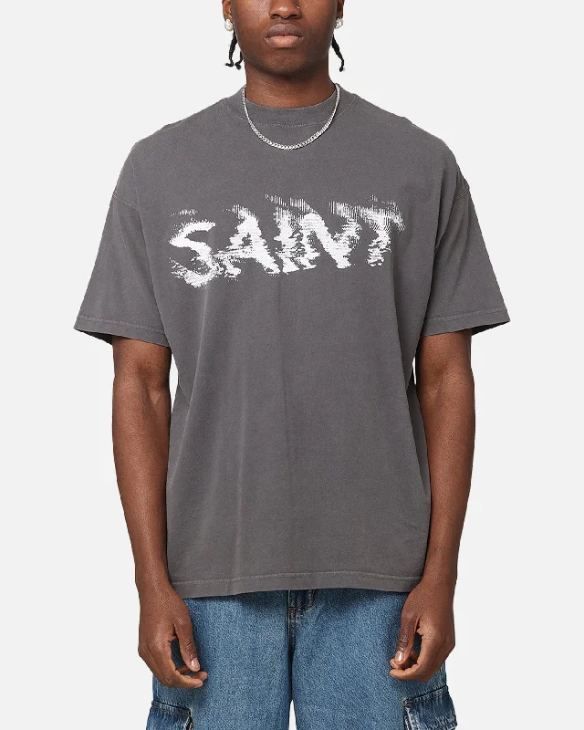 Saint Morta System Overload Boxy T-Shirt Charcoal-- Ribbed Striped Patterned