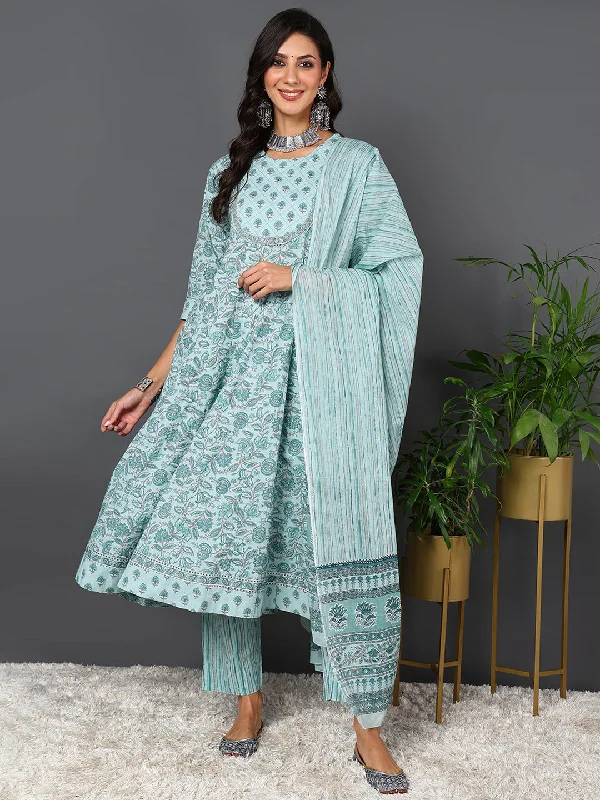 Women's Sea Green Pure Cotton Floral Printed Kurta Pant With Dupatta  - Ahika Comfortable Pleated Pants