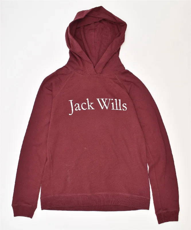JACK WILLS Womens Loose Fit Graphic Hoodie Jumper UK 10 Small Burgundy Hoodie with Ribbed Hem Stretchable Secure