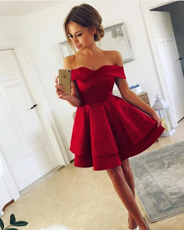 Cute A Line Off Shoulder Satin Prom Dresses Short Tunics Trousers formal