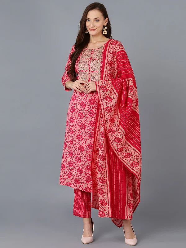 Women's Silk Blend Embroidered Floral Printed Kurta Pant With Dupatta - Ahika Casual Lounge Pants