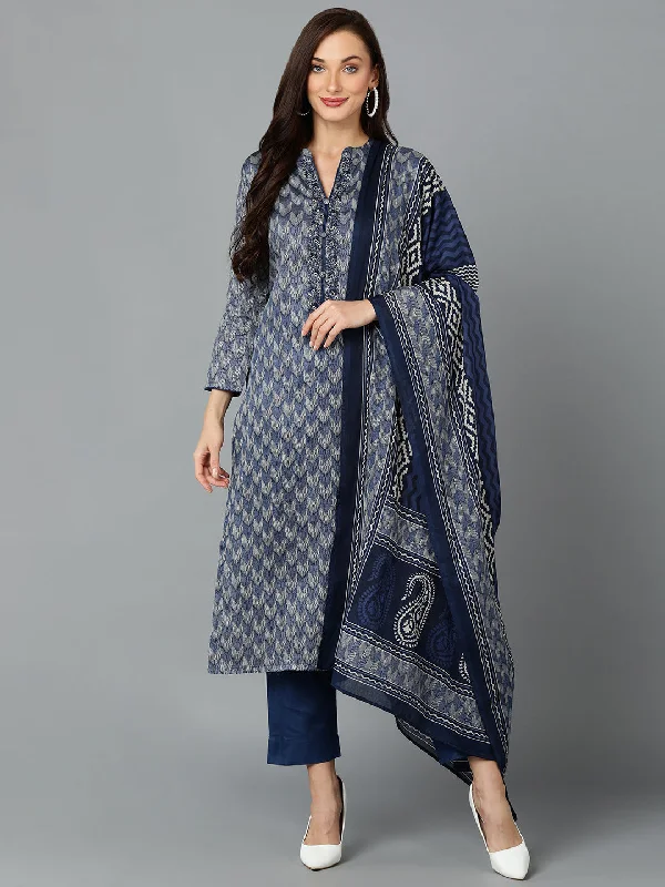 Women's Silk Blend Prussian Blue Straight Kurta Pant With Dupatta  - Ahika Comfortable Jogging Pants