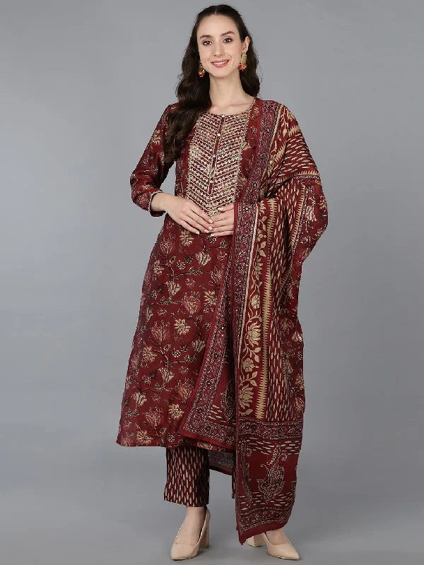 Women's Silk Blend Embroidered Floral Printed Kurta Pant With Dupatta - Ahika Formal Wide-Leg Pants