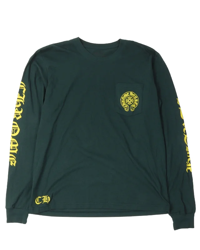 Green Horseshoe Logo Long Sleeve T-Shirt-- V-Neck T-Shirt Long Sleeve Cotton