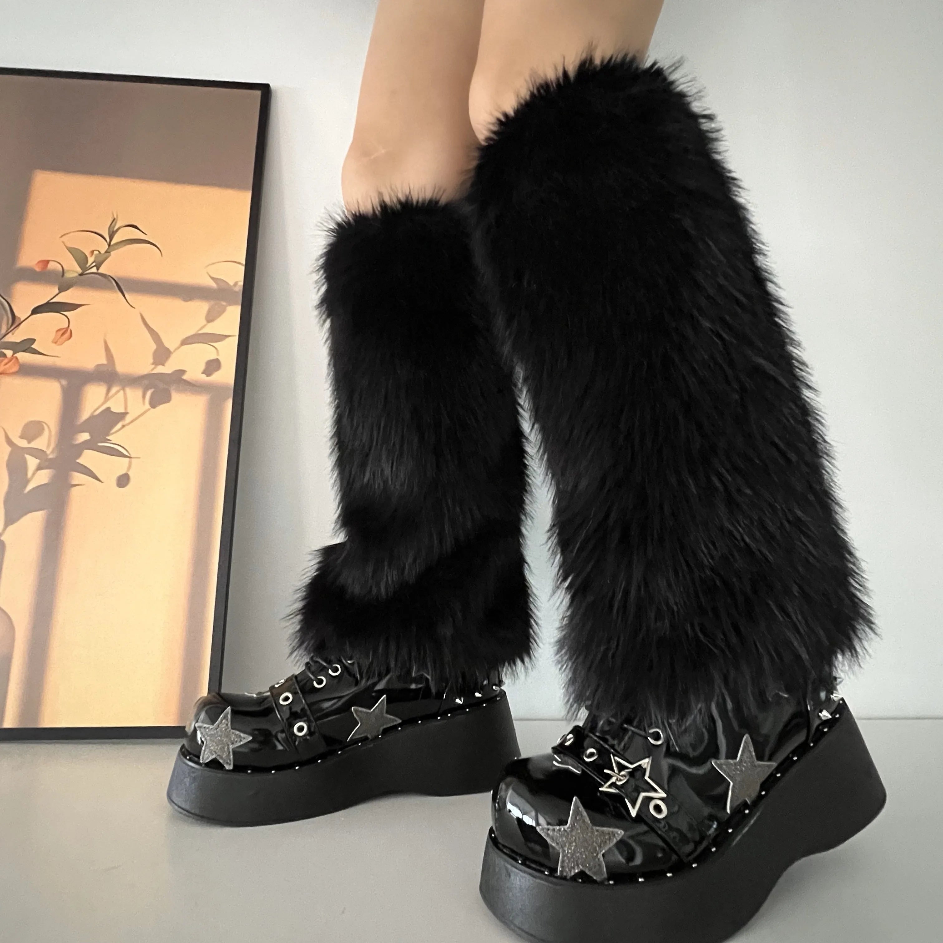 Sohiwoo Imitation Rabbit Hair Faux Fur Leg Warmers Sexy Plush Socks Gothic Leggings Boots Cover Harajuku Night Club Party Accessories Cozy Ribbed Leggings