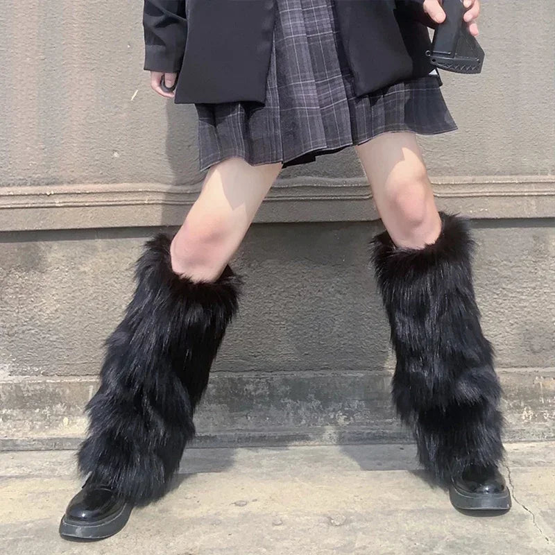 Sohiwoo Women Faux Fur Leg Warmers Y2K Punk Winter Warm Plush Thickening Jk Leggings Boots Cover Lolita Harajuku Party Long Leg Socks Trendy Mesh Leggings