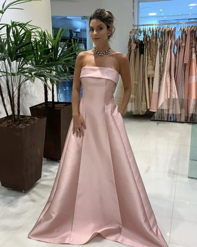 Long Satin Strapless Prom Dresses With Pockets Tunics Practical easy-care