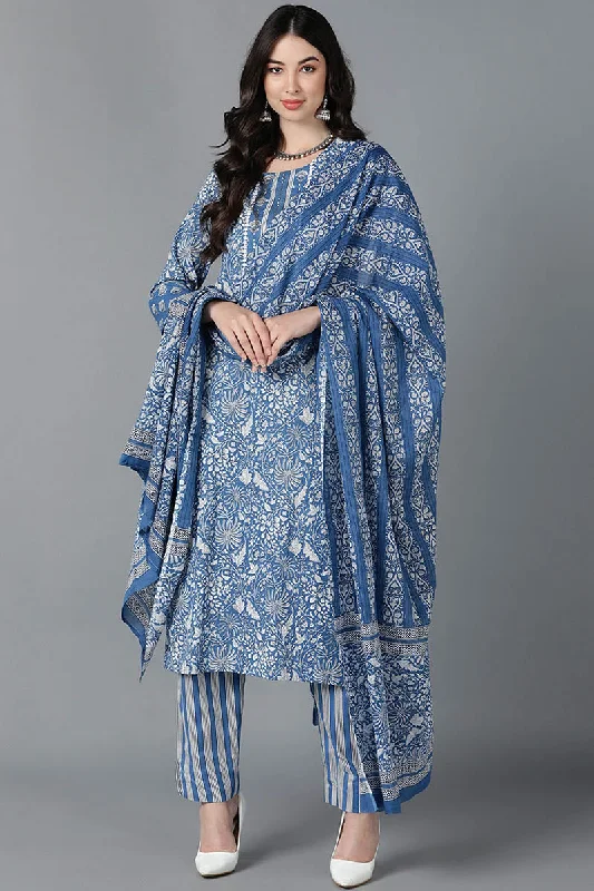 Women's Cotton Printed Kurta Pant With Dupatta - Ahika Comfortable Wide-Leg Pants