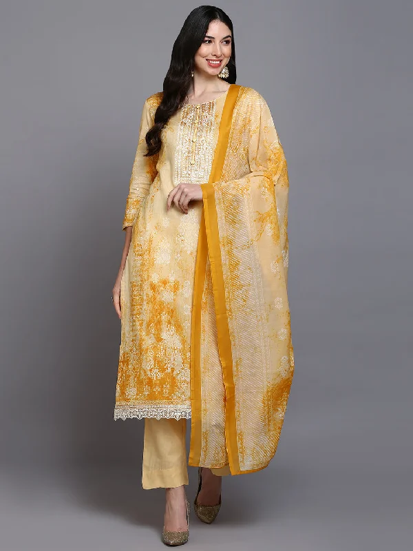 Women's Cotton Off-White Printed Straight Kurta Pant With Dupatta - Ahika Comfortable Denim Leggings