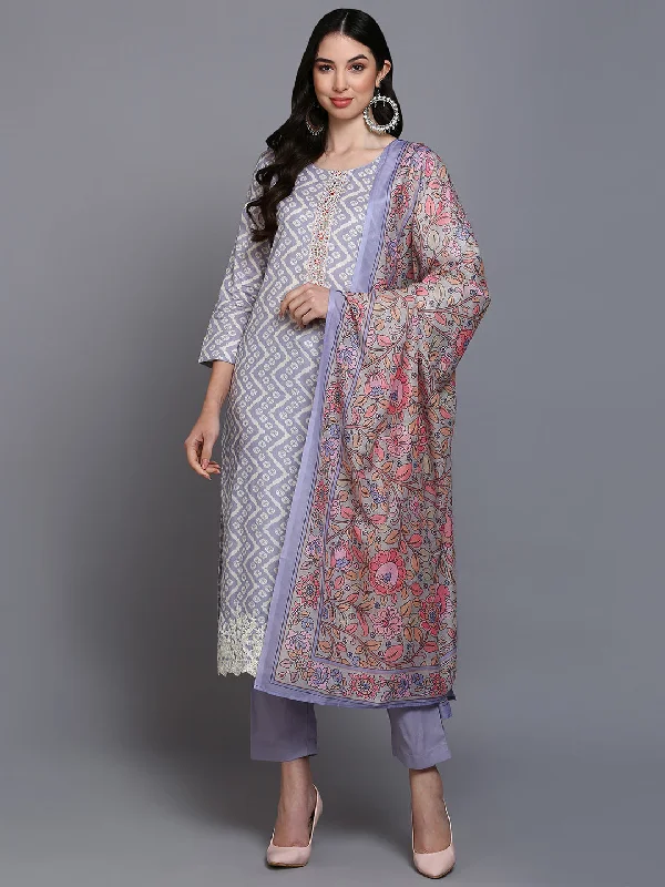 Women's Cotton Blue Printed Straight Kurta Pant With Dupatta - Ahika Soft Cotton Pants