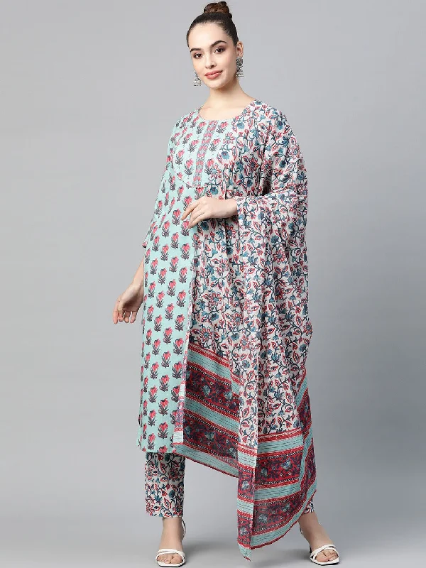 Women's Cotton Printed Kurta Pant Dupatta Set - Ahika Modern Bootcut Pants