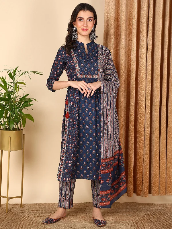 Women's Blue Pure Cotton Floral Printed Yoke Design Kurta Pant With Dupatta  - Ahika Casual Drawstring Pants