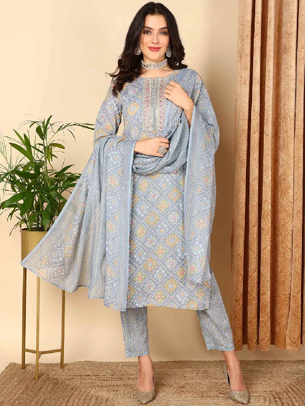 Women's Grey Pure Cotton Bandhani Printed Straight Kurta  Pant With Dupatta - Ahika Trendy Velvet Pants
