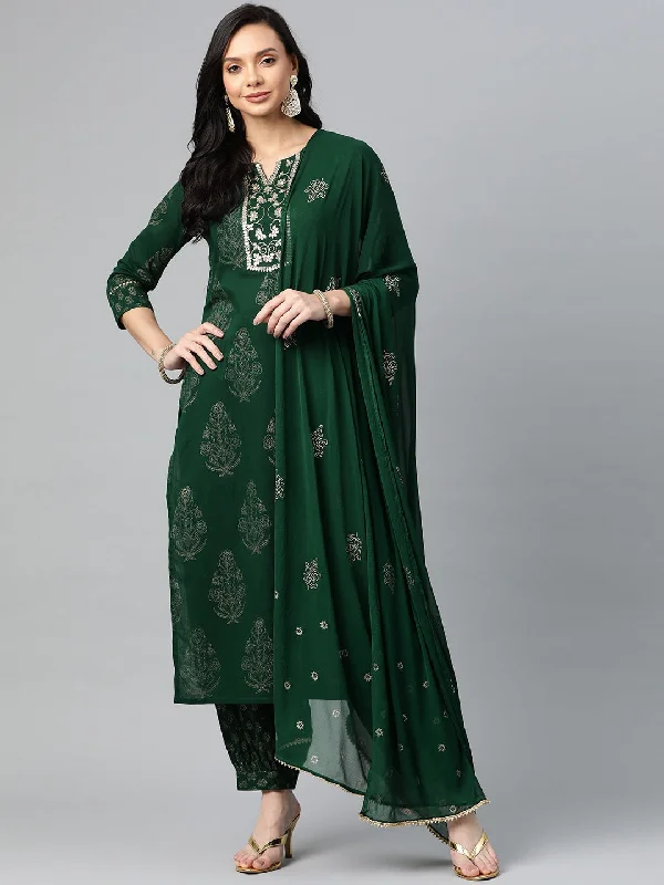 Women's Embroidered Kurta Pant Dupatta Set - Ahika Trendy Tapered Pants