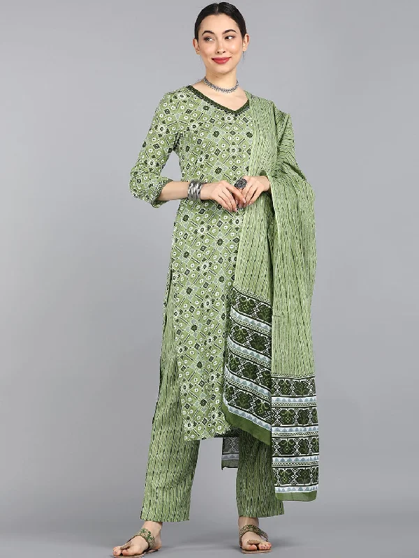 Women's Green Ethnic Motifs Printed Regular Pure Cotton Kurti With Pants With Dupatta - Ahika Elegant Trouser Pants