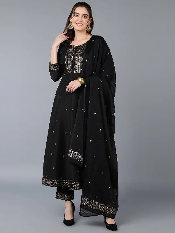 Women's Silk Blend Black Rogan Work Flared Kurta Pant With Dupatta - Ahika Chic Capri Pants