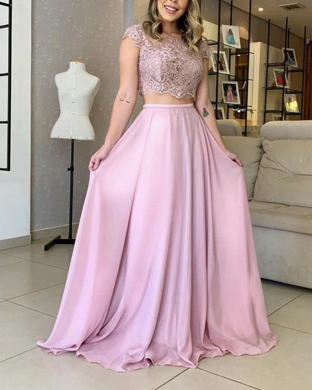 Two Piece Prom Dresses Lace Cap Sleeves Open Back Tunics Trendy modern