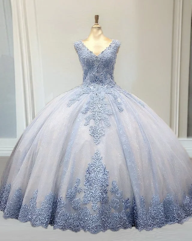 Tulle V Neck Quinceanera Dresses Lace Appliques Ball Gown Tunics Print Colorful