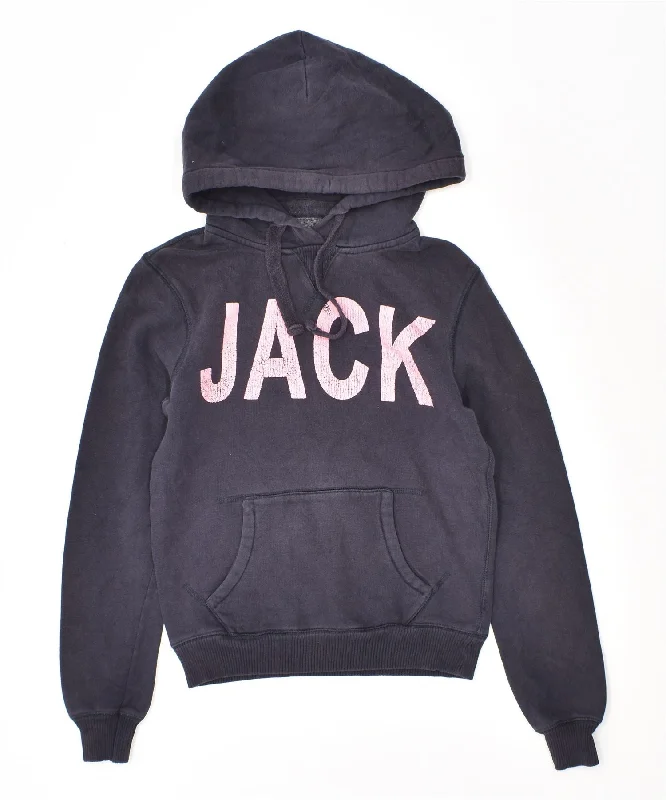 JACK WILLS Womens Graphic Hoodie Jumper UK 8 Small Navy Blue Cotton Hoodie with Toggle Buttons Decorative Unique