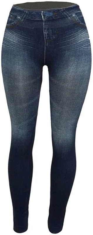 CLOYA Women's Denim Print Fake Jeans Seamless Fleece Lined Leggings, Full Length Comfortable Yoga Tights Leggings