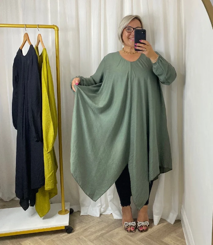 Asymmetric Hem Swing Khaki Dress Maxi Flowy Bohemian