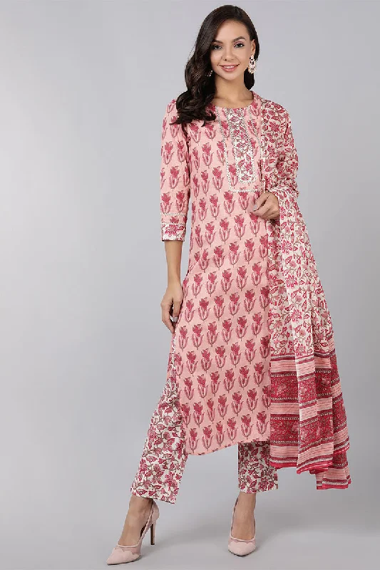 Women's Pure Cotton Printed Kurta Pants With Dupatta Set  - Ahika High-Waist Jogger Pants