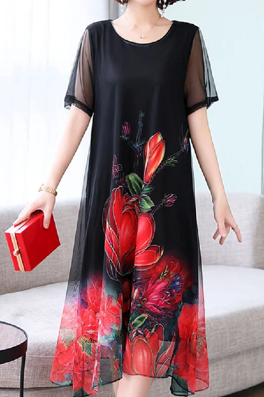 Short Sleeve Asymmetrical Hem Shift Dress Tunics Chic elegant