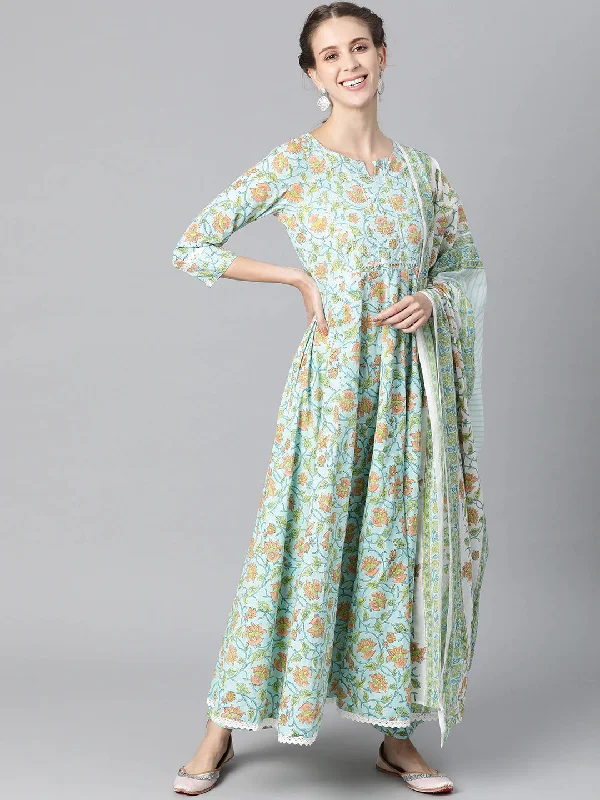 Women's Cotton Printed Kurta Pant Dupatta Set - Ahika Relaxed Fit Trousers