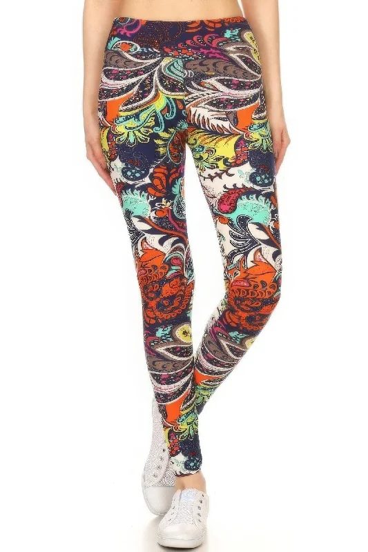 Yoga Style Banded Lined Multicolored Mixed Paisley Print, Full Length Leggings Fashionable High-Rise Workout Leggings