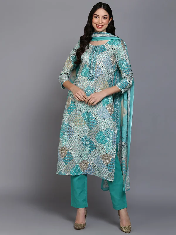 Women's Cotton Aqua Green Printed Straight Kurta Pant With Dupatta - Ahika Comfy Cargo Trousers